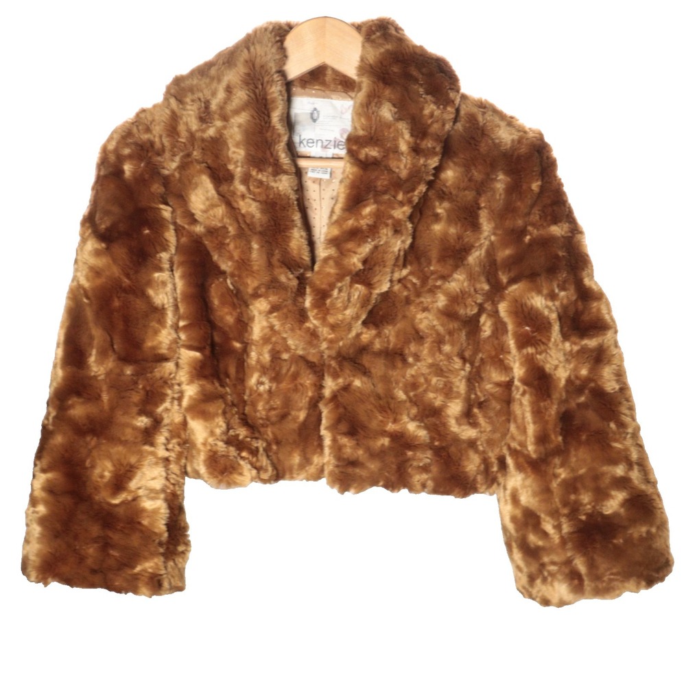 Vintage Faux Fur Coat Women Golden Brown Cropped Cozy 80's 90's Kenzie Sz 10